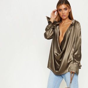 Pretty little thing khaki satin shirt